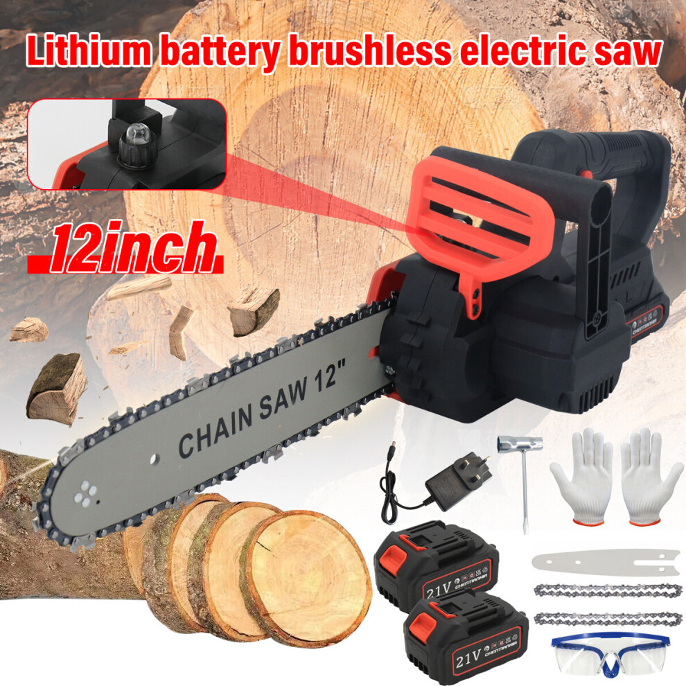 12" Electric Cordless Chainsaw Brushless Handheld Wood Saw +2 Battery & Charger