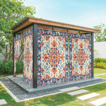 Cortinas externas retrô com estampa étnica de folhas, impermeáveis, textura floral laranja/azul, ilhós na parte superior, 137 x 241 cm, 1 painel