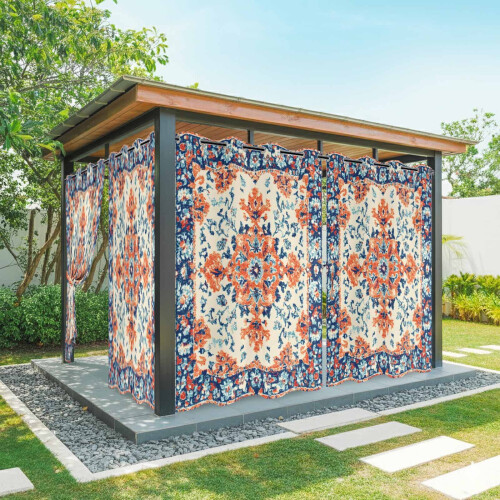 Κουρτίνες εξωτερικού χώρου Retro Ethnic Leaves, αδιάβροχες, με πορτοκαλί/μπλε φλοράλ υφή,