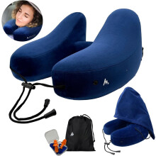 Inflatable Travel Pillow with Comfort Hood, Adjustable Support, Lightweight & Compact for Long Flights (Blue)