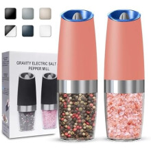 Gravity Electric Salt & Pepper Grinder Set (2-Pack, Pink), Adjustable Coarseness, Battery-Powered with LED Light, Compatible with AAA Batteries