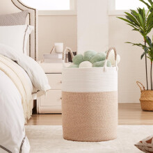 Panier à linge haut en corde de coton tressée marron 60L - Grand panier de rangement pour chambre de bébé, chambre d'enfant et maison