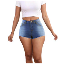 Shorts jeans femininos de cintura alta, skinny, elásticos, casuais para o verão, com barra desfiada e rasgos, azul claro, tamanho M.
