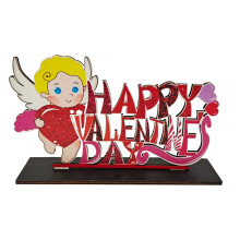 Plateau à étages décoratif en bois pour la Saint-Valentin, orné de lettres et de figurines de gnomes, idéal pour la maison, le bureau ou une