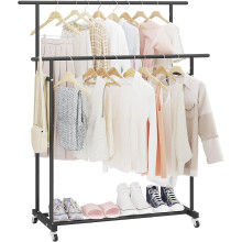 Double Rod Rolling Garment Rack with Wheels, Portable Clothes Organizer for Bedroom Living Room Closet Store Display, Heavy Duty Steel Hanging Rack