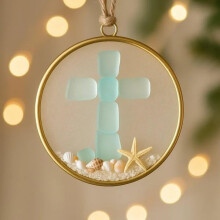 Sea Glass Friendship Ornament – Handcrafted Coastal Art in Gold Frame, Starfish & Seashell Accents, Christmas Tree Keepsake Gift (Compatible with