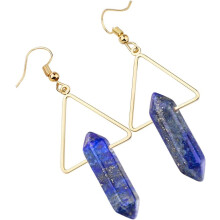 Stone Dangle Drop Earrings for Women, Hexagonal Double Points Healing Crystal Quartz Gold Plated Triangle Earrings with Hook