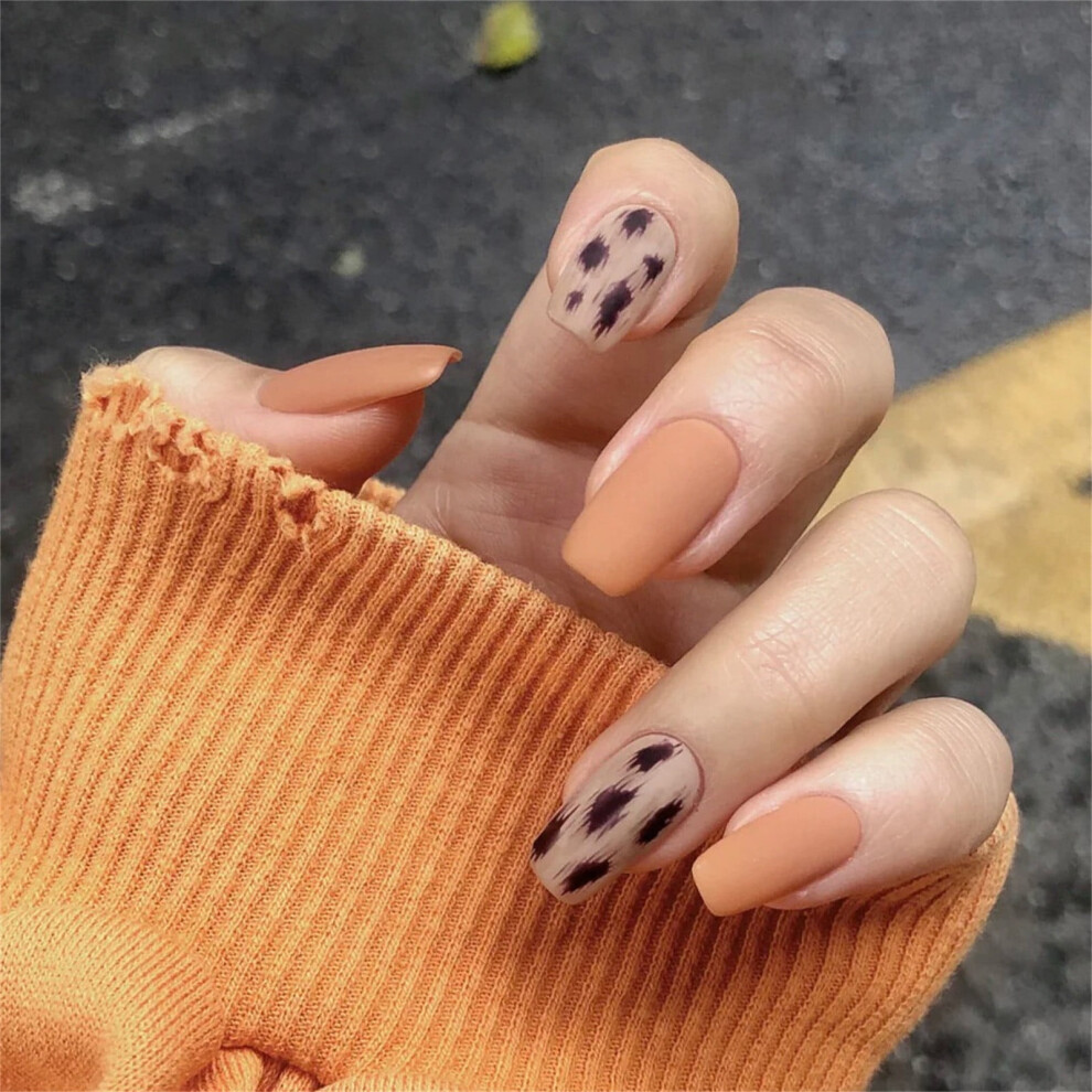 Nail Care 24 Pcs Checkerboard Maple Leaf Leopard Print Wearing Manicure Fake Nails