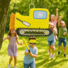 Baustellenfahrzeug-Piñata-Set mit Schläger und Maske