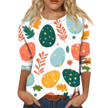 Hauts de Pâques pour femmes, tailles S à 3XL, manches 3/4, imprimé chasse aux œufs de lapin, col rond, parfaits pour l'été.