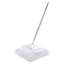 Wedding Guest Book Pen White Fabric and Metal Elegant Bow Decor