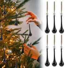 Glass Teardrop Ornaments - Set of 6 Black Crystal Icicle Pendants for Hanging on Christmas Tree, Chandelier and Home Holiday Winter Decor
