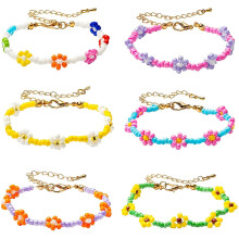 6Pcs Daisy Flower Beaded Bracelet Handmade Braided Rope Charms Boho Surfer Bracelet for Teen Girls Women
