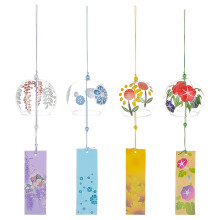 4er-Set japanische Glas-Windspiele – Himmelblau, Flieder, Gelb, Blumenmuster, mit Gebetspapier-Anhänger, für Garten/Terrasse/Fensterbank –