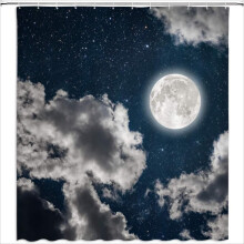 Cortina de ducha con luna y estrellas, azul oscuro/azul marino/negro, diseño romántico de cielo nocturno, poliéster, 60 x 72 pulgadas, incluye