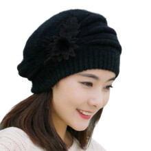 Cappello lavorato a maglia con decorazioni floreali di lusso, pelliccia di coniglio, senza tesa, design elasticizzato, maglione per abbigliamento