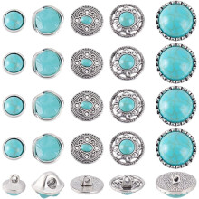 30Pcs Turquoise Buttons, 5 Styles Round Metal Decorative Buttons, Vintage Western Style, Compatible with DIY Craft, Leather Belt, Bags – Silver