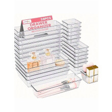 24-Pc Clear Acrylic Drawer Organizer Bins, Multi-Size Stackable Trays for Vanity, Kitchen, Bathroom & Office – Compatible with Standard Drawers