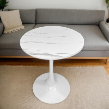 23.6" Round Dining Table for 2, Thickened White Marble Top & Metal Pedestal, Compatible with Small Spaces