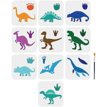 10 stuks dinosaurusstencils (T-Rex, Pterosaurus, Stegosaurus, voetafdrukken) 15x15 cm, met kwastje – knutselbenodigdheden voor muur/hout –