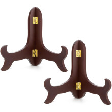 2 PCS Brown Wooden Display Stands, 4" Folding Easel for Plates, Frames, Books, Art—Compatible with Small Decor