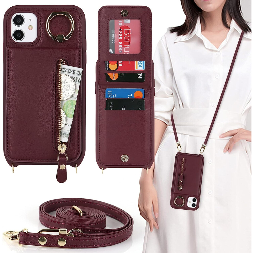 Compatible With Iphone 11 Case For Women Â Burgundy Wallet Case With Card Slots, Strap, Kickstand & Ring Holder (6.1") Red 9065194278315