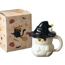 Cute Magic Cat Coffee Mug 15 oz Ceramic Halloween Ghost Cat Tea Mugs with Cup Lid,Gifts for Women Girls (White)