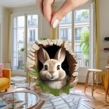 Adorno colgante de conejito de Pascua acrílico 2D en un agujero de árbol, colgante plano de animal del bosque con cuerda – Bonita decoración