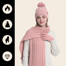 Women's Winter Knit Set with Pom Pom, Fleece Lined Cuffed Beanie, Thermal Scarf & Gloves, 3-Piece Unisex Accessories Set, Skiing Outdoor Set Pink