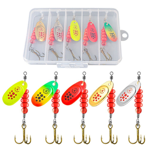Angelköder-Set, 5-teilig, Metall-Löffelköder mit Angelbox, Wobbler, Hartköder, Angelköder-Set, Geschenkidee für Männer, Süßwasser-Barsch