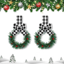 2 Mini Coroas de Natal de 12,7 cm com Frutos Vermelhos e Laços de Fita – para Armários, Porta de Entrada, Janela, Parede – Decoração de Natal