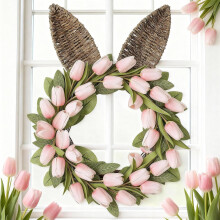 Lentetulpenkrans 45 cm rotan zijden roze tulpen groen