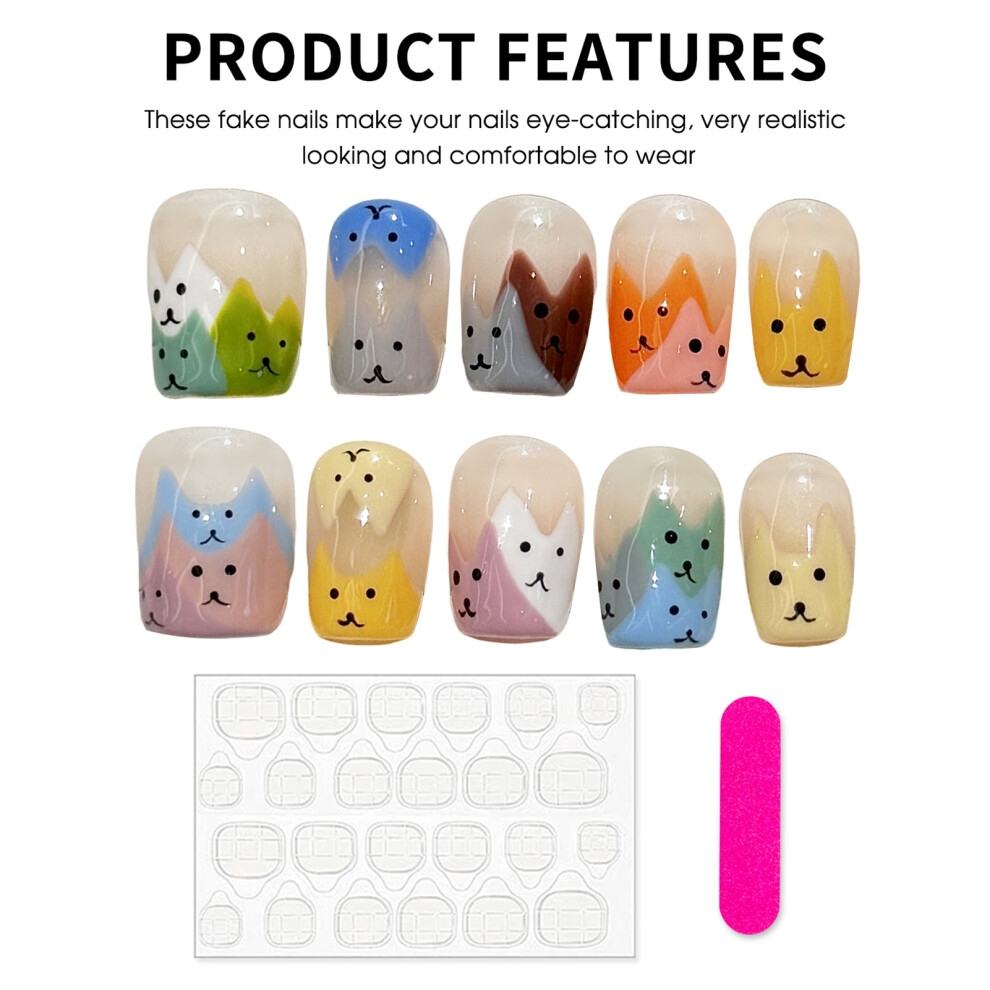 Penghui-Toys (L) Cute False Nails With Cartoon Cat Printed Charming Comfortable To Wear Manicure Nails For Women And Girl Nail Salon