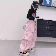 Calça cargo infantil para meninas de 6 a 7 anos, cintura elástica com cordão, bolsos, estilo anos 2000.