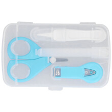 Baby nagelknipperset met schaar, nagelvijl en pincet. De set heeft een afgerond mesje en een antislip ontwerp.