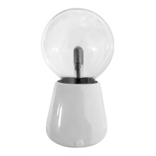 Luminária de mesa interativa com controle por toque, formato de bola estática, mudança de cor, textura plástica e luz ambiente.