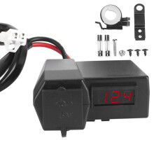 Dubbele USB-oplader voor motorfietsen, waterdichte voltmeter met ingebouwde zekering, dubbele USB-laadpoort met sigarettenaanstekeraansluiting,