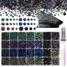 Kit com 14.000 peças de strass pretos góticos com base plana, de 2 a 10 mm, para artesanato e decoração DIY.