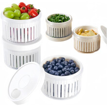 Set di 3 contenitori per alimenti con cestello di scolo, ideali per conservare frutta e verdura, e organizer rotondo a doppio strato in plastica
