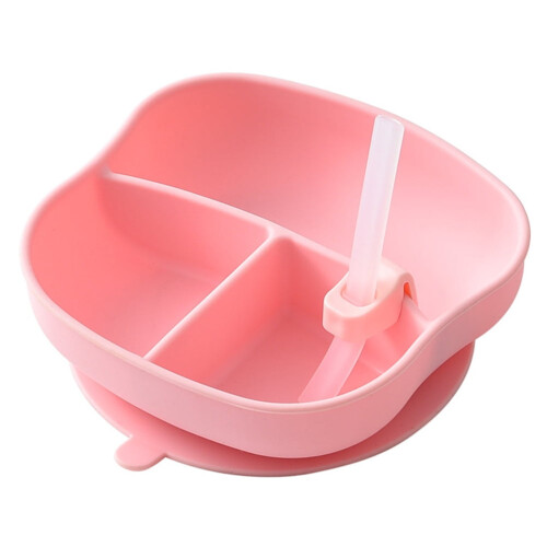 1 Assiette en silicone rose sécurisée pour bébés, avec ventouses et compartiments.