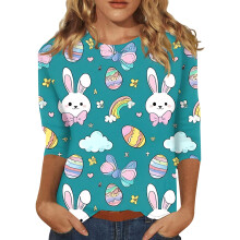 Women's Easter Rabbit Crew Neck Shirt 3/4 Sleeve S-3XL
