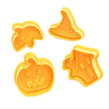 4-Pc Halloween Cookie Cutters Set: Haunted House, Witch Hat, Ghost, Pumpkin – Fondant Stamper & Spring-Loaded Pastry Cutter, Compatible with