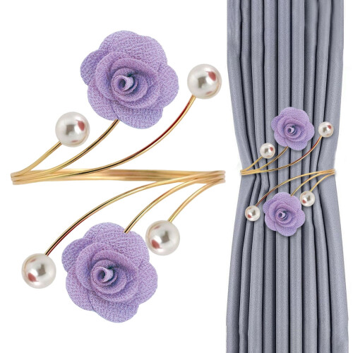 Fermacravatte per tende con perle e rosa rosse, placcate in oro, regolabili (2 pezzi)