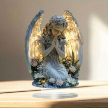 Light-Up Spiritual Praying Angel Decor – Warm Wing Glow, Resin Figurine on Floral Base, White Statue for Desk/Bedroom/Living Room