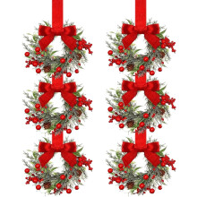 Conjunto de 6 Mini Coroas de Natal com Laço, Cedro e Frutos Vermelhos — Compatíveis com Armários, Janelas, Portas e Decoração Natalina Estilo