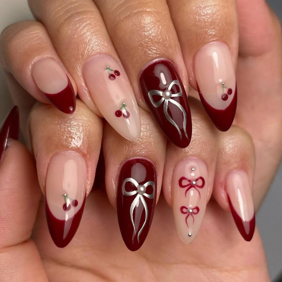 Press on Nails Medium Almond Fake Nails French Tips False Nails 24 pcs Stick on Nails for Women
