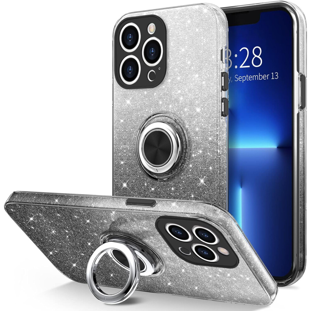 Iphone 13 Pro Case With 360 Rotatable Ring Holder & Magnetic Kickstand Â Sparkly Glitter Bling, Shockproof, Gradient Black 9087558469122