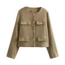 Women Crop Tweed Blazer Jacket Collarless Open Front Button Down Coat Business Work Suit with Pockets