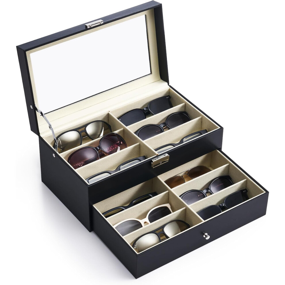 12-Slot Sunglasses Organizer with 2-Tier Leather Case & Drawer â Compatible with Most Eyeglasses