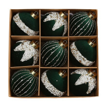 Boules de Noël décoratives en velours floqué, lot de 9, 8 cm